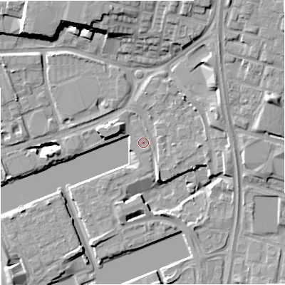 Shaded relief map of the ground around M503YL, computed from Environment Agency LiDAR. The ground here sits at about 24 m above sea level and falls 15 m across the surrounding 800 m. Surface water reaching this point runs off ground lying to the west-north-west, 3.5 m higher.