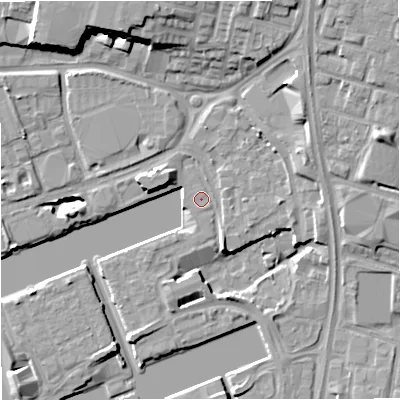 Shaded relief map of the ground around M503YW, computed from Environment Agency LiDAR. The ground here sits at about 24 m above sea level and falls 15 m across the surrounding 800 m. Surface water reaching this point runs off ground lying to the west-north-west, 3.5 m higher.