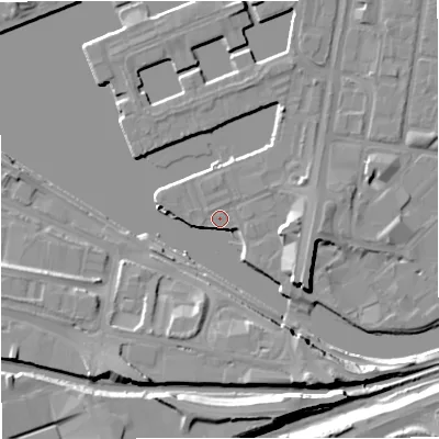Shaded relief map of the ground around M52XP, computed from Environment Agency LiDAR. The ground here sits at about 24 m above sea level and falls 14 m across the surrounding 800 m. Surface water reaching this point runs off ground lying to the south-south-east, 10.9 m higher.