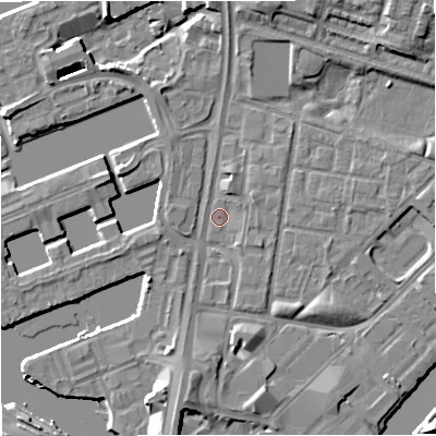 Shaded relief map of the ground around M53AW, computed from Environment Agency LiDAR. The ground here sits at about 23 m above sea level and falls 9 m across the surrounding 800 m. Surface water reaching this point runs off ground lying to the south-south-west, 5.2 m higher.