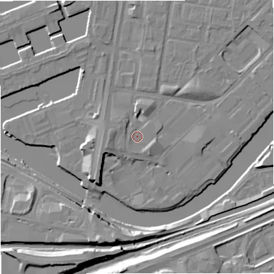 Shaded relief map of the ground around M53BL, computed from Environment Agency LiDAR. The ground here sits at about 24 m above sea level and falls 13 m across the surrounding 800 m. Surface water reaching this point runs off ground lying to the south-west, 1.6 m higher.