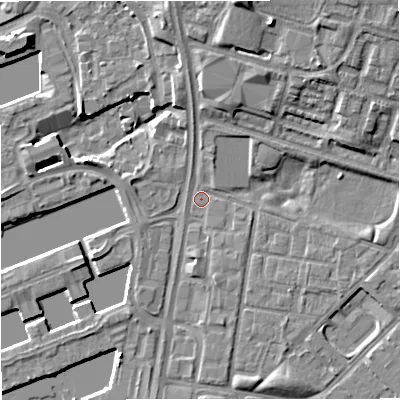 Shaded relief map of the ground around M53BW, computed from Environment Agency LiDAR. The ground here sits at about 23 m above sea level and falls 13 m across the surrounding 800 m. Surface water reaching this point runs off ground lying to the south-south-west, 2.3 m higher.