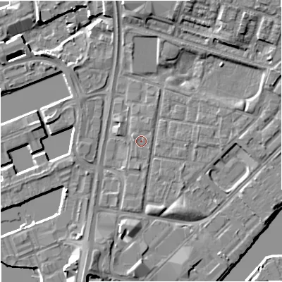Shaded relief map of the ground around M53DA, computed from Environment Agency LiDAR. The ground here sits at about 24 m above sea level and falls 9 m across the surrounding 800 m. Surface water reaching this point runs off ground lying to the west, 0.5 m higher.