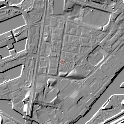 Shaded relief map of the ground around M53DB, computed from Environment Agency LiDAR. The ground here sits at about 24 m above sea level and falls 9 m across the surrounding 800 m. Surface water reaching this point runs off ground lying to the north-east, 4.6 m higher.