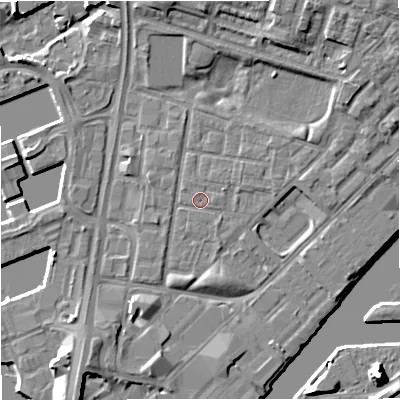 Shaded relief map of the ground around M53DD, computed from Environment Agency LiDAR. The ground here sits at about 24 m above sea level and falls 10 m across the surrounding 800 m. Surface water reaching this point runs off ground lying to the north-east, 4.3 m higher.