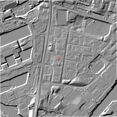 Shaded relief map of the ground around M53DE, computed from Environment Agency LiDAR. The ground here sits at about 24 m above sea level and falls 9 m across the surrounding 800 m. Surface water reaching this point runs off ground lying to the north-north-west, 0.5 m higher.