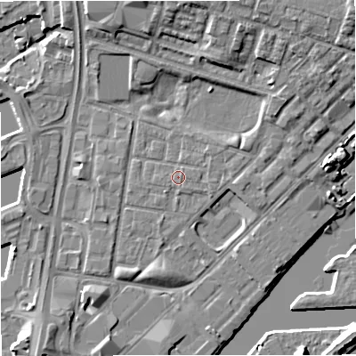 Shaded relief map of the ground around M53DF, computed from Environment Agency LiDAR. The ground here sits at about 24 m above sea level and falls 11 m across the surrounding 800 m. Surface water reaching this point runs off ground lying to the north-east, 3.9 m higher.