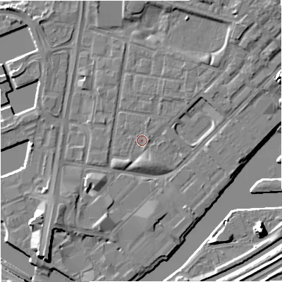 Shaded relief map of the ground around M53DG, computed from Environment Agency LiDAR. The ground here sits at about 24 m above sea level and falls 10 m across the surrounding 800 m. Surface water reaching this point runs off ground lying to the north-north-east, 0.8 m higher.