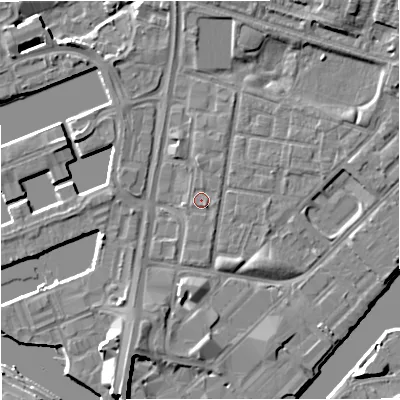 Shaded relief map of the ground around M53DH, computed from Environment Agency LiDAR. The ground here sits at about 24 m above sea level and falls 8 m across the surrounding 800 m. Surface water reaching this point runs off ground lying to the south-east, 0.9 m higher.