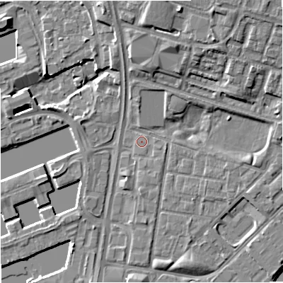 Shaded relief map of the ground around M53DJ, computed from Environment Agency LiDAR. The ground here sits at about 23 m above sea level and falls 11 m across the surrounding 800 m. Surface water reaching this point runs off ground lying to the south-south-west, 2.3 m higher.