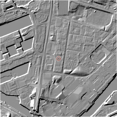 Shaded relief map of the ground around M53DL, computed from Environment Agency LiDAR. The ground here sits at about 24 m above sea level and falls 8 m across the surrounding 800 m. Surface water reaching this point runs off ground lying to the north-north-east, 0.9 m higher.