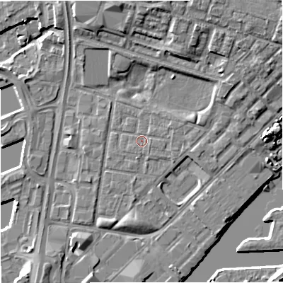 Shaded relief map of the ground around M53DN, computed from Environment Agency LiDAR. The ground here sits at about 24 m above sea level and falls 11 m across the surrounding 800 m. Surface water reaching this point runs off ground lying to the east-north-east, 1.0 m higher.