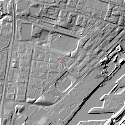 Shaded relief map of the ground around M53DP, computed from Environment Agency LiDAR. The ground here sits at about 25 m above sea level and falls 11 m across the surrounding 800 m. Surface water reaching this point runs off ground lying to the north-east, 3.7 m higher.