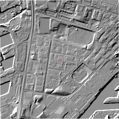 Shaded relief map of the ground around M53DQ, computed from Environment Agency LiDAR. The ground here sits at about 24 m above sea level and falls 10 m across the surrounding 800 m. Surface water reaching this point runs off ground lying to the east-north-east, 0.6 m higher.