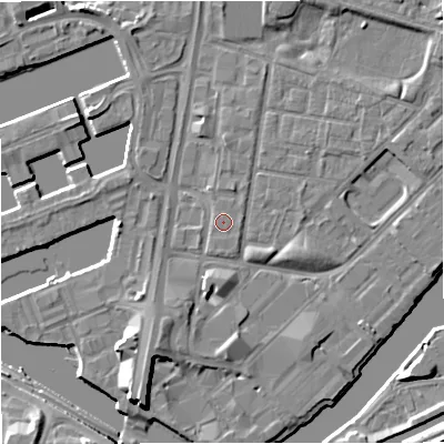 Shaded relief map of the ground around M53DR, computed from Environment Agency LiDAR. The ground here sits at about 24 m above sea level and falls 8 m across the surrounding 800 m. Surface water reaching this point runs off ground lying to the south-south-west, 5.2 m higher.
