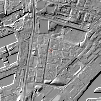Shaded relief map of the ground around M53DT, computed from Environment Agency LiDAR. The ground here sits at about 24 m above sea level and falls 10 m across the surrounding 800 m. Surface water reaching this point runs off ground lying to the east, 1.5 m higher.