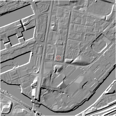 Shaded relief map of the ground around M53DU, computed from Environment Agency LiDAR. The ground here sits at about 24 m above sea level and falls 9 m across the surrounding 800 m. Surface water reaching this point runs off ground lying to the east-north-east, 0.7 m higher.