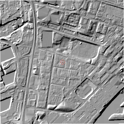 Shaded relief map of the ground around M53DY, computed from Environment Agency LiDAR. The ground here sits at about 24 m above sea level and falls 11 m across the surrounding 800 m. Surface water reaching this point runs off ground lying to the east, 1.4 m higher.