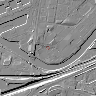 Shaded relief map of the ground around M53EA, computed from Environment Agency LiDAR. The ground here sits at about 24 m above sea level and falls 14 m across the surrounding 800 m. Surface water reaching this point runs off ground lying to the west-north-west, 4.7 m higher.