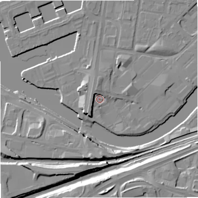 Shaded relief map of the ground around M53EB, computed from Environment Agency LiDAR. The ground here sits at about 24 m above sea level and falls 14 m across the surrounding 800 m. Surface water reaching this point runs off ground lying to the south-west, 5.9 m higher.