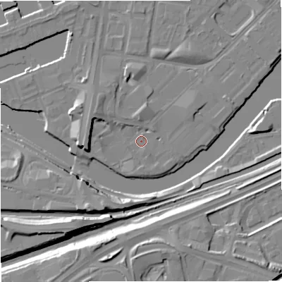 Shaded relief map of the ground around M53ED, computed from Environment Agency LiDAR. The ground here sits at about 24 m above sea level and falls 14 m across the surrounding 800 m. Surface water reaching this point runs off ground lying to the west-north-west, 5.1 m higher.
