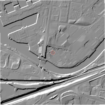 Shaded relief map of the ground around M53EE, computed from Environment Agency LiDAR. The ground here sits at about 24 m above sea level and falls 14 m across the surrounding 800 m. Surface water reaching this point runs off ground lying to the west-south-west, 6.4 m higher.