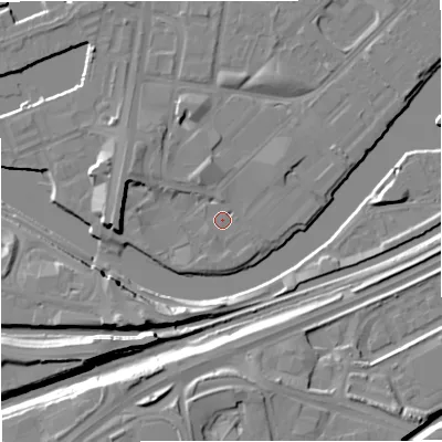 Shaded relief map of the ground around M53EF, computed from Environment Agency LiDAR. The ground here sits at about 24 m above sea level and falls 14 m across the surrounding 800 m. Surface water reaching this point runs off ground lying to the south-west, 1.4 m higher.