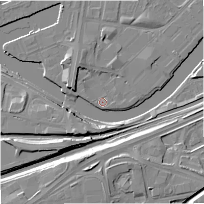 Shaded relief map of the ground around M53EJ, computed from Environment Agency LiDAR. The ground here sits at about 23 m above sea level and falls 14 m across the surrounding 800 m. Surface water reaching this point runs off ground lying to the north-west, 5.6 m higher.