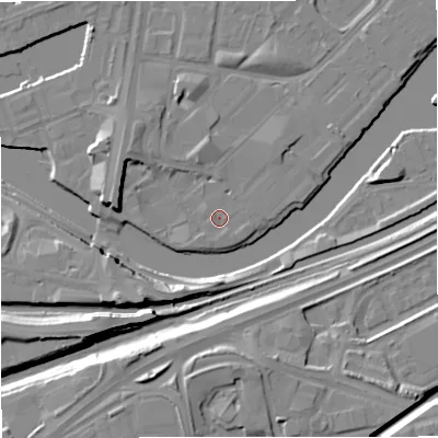 Shaded relief map of the ground around M53EP, computed from Environment Agency LiDAR. The ground here sits at about 24 m above sea level and falls 14 m across the surrounding 800 m. Surface water reaching this point runs off ground lying to the north-west, 0.7 m higher.