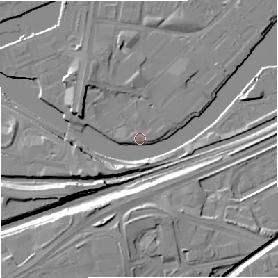 Shaded relief map of the ground around M53EQ, computed from Environment Agency LiDAR. The ground here sits at about 24 m above sea level and falls 14 m across the surrounding 800 m. Surface water reaching this point runs off ground lying to the south-west, 10.1 m higher.