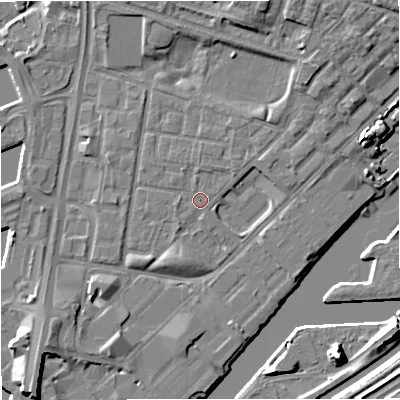 Shaded relief map of the ground around M53EX, computed from Environment Agency LiDAR. The ground here sits at about 24 m above sea level and falls 10 m across the surrounding 800 m. Surface water reaching this point runs off ground lying to the north-east, 4.2 m higher.