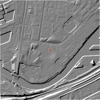 Shaded relief map of the ground around M53EY, computed from Environment Agency LiDAR. The ground here sits at about 24 m above sea level and falls 11 m across the surrounding 800 m. Surface water reaching this point runs off ground lying to the south-west, 2.1 m higher.