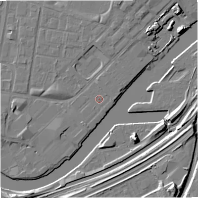 Shaded relief map of the ground around M53EZ, computed from Environment Agency LiDAR. The ground here sits at about 24 m above sea level and falls 15 m across the surrounding 800 m. Surface water reaching this point runs off ground lying to the north-north-east, 1.1 m higher.