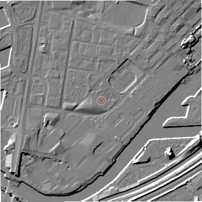 Shaded relief map of the ground around M53FU, computed from Environment Agency LiDAR. The ground here sits at about 24 m above sea level and falls 11 m across the surrounding 800 m. Surface water reaching this point runs off ground lying to the west-south-west, 1.8 m higher.