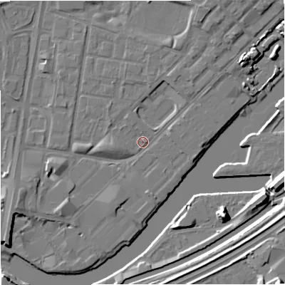 Shaded relief map of the ground around M53FW, computed from Environment Agency LiDAR. The ground here sits at about 24 m above sea level and falls 15 m across the surrounding 800 m. Surface water reaching this point runs off ground lying to the north-east, 2.8 m higher.