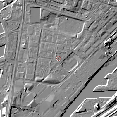 Shaded relief map of the ground around M53GD, computed from Environment Agency LiDAR. The ground here sits at about 24 m above sea level and falls 10 m across the surrounding 800 m. Surface water reaching this point runs off ground lying to the east-north-east, 0.9 m higher.