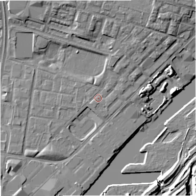 Shaded relief map of the ground around M53HA, computed from Environment Agency LiDAR. The ground here sits at about 25 m above sea level and falls 11 m across the surrounding 800 m. Surface water reaching this point runs off ground lying to the north-north-east, 3.6 m higher.