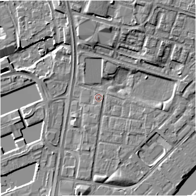 Shaded relief map of the ground around M53LH, computed from Environment Agency LiDAR. The ground here sits at about 24 m above sea level and falls 11 m across the surrounding 800 m. Surface water reaching this point runs off ground lying to the north, 9.8 m higher.