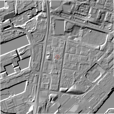 Shaded relief map of the ground around M53LL, computed from Environment Agency LiDAR. The ground here sits at about 24 m above sea level and falls 10 m across the surrounding 800 m. Surface water reaching this point runs off ground lying to the south-south-west, 0.7 m higher.