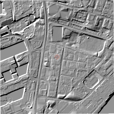 Shaded relief map of the ground around M53LN, computed from Environment Agency LiDAR. The ground here sits at about 24 m above sea level and falls 10 m across the surrounding 800 m. Surface water reaching this point runs off ground lying to the south-south-east, 0.8 m higher.