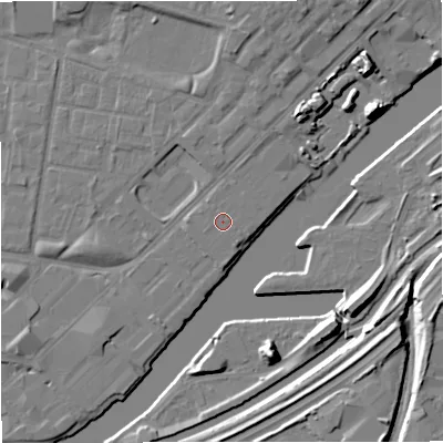 Shaded relief map of the ground around M53LW, computed from Environment Agency LiDAR. The ground here sits at about 24 m above sea level and falls 12 m across the surrounding 800 m. The ground contributing surface water to this point lies to the west-south-west.