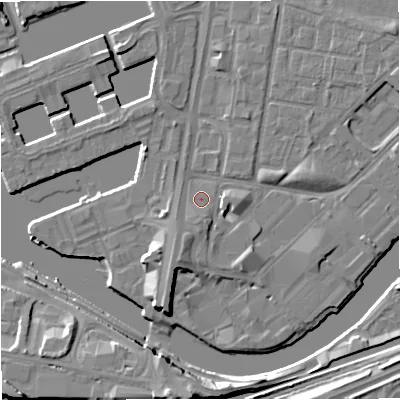 Shaded relief map of the ground around M53NN, computed from Environment Agency LiDAR. The ground here sits at about 24 m above sea level and falls 11 m across the surrounding 800 m. Surface water reaching this point runs off ground lying to the south, 1.7 m higher.