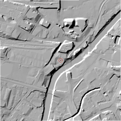 Shaded relief map of the ground around M53NP, computed from Environment Agency LiDAR. The ground here sits at about 27 m above sea level and falls 19 m across the surrounding 800 m. Surface water reaching this point runs off ground lying to the north-north-east, 6.6 m higher.