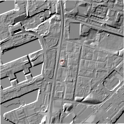 Shaded relief map of the ground around M53NQ, computed from Environment Agency LiDAR. The ground here sits at about 23 m above sea level and falls 10 m across the surrounding 800 m. Surface water reaching this point runs off ground lying to the north-north-east, 10.0 m higher.