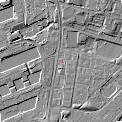 Shaded relief map of the ground around M53NW, computed from Environment Agency LiDAR. The ground here sits at about 23 m above sea level and falls 10 m across the surrounding 800 m. Surface water reaching this point runs off ground lying to the north-east, 10.0 m higher.
