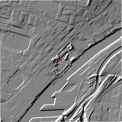 Shaded relief map of the ground around M53PU, computed from Environment Agency LiDAR. The ground here sits at about 23 m above sea level and falls 12 m across the surrounding 800 m. Surface water reaching this point runs off ground lying to the west, 7.1 m higher.