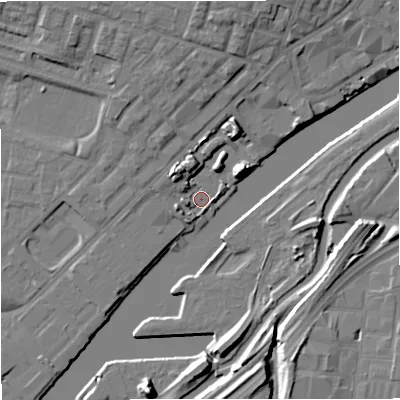 Shaded relief map of the ground around M53PW, computed from Environment Agency LiDAR. The ground here sits at about 23 m above sea level and falls 12 m across the surrounding 800 m. Surface water reaching this point runs off ground lying to the north-west, 7.1 m higher.