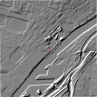 Shaded relief map of the ground around M53PX, computed from Environment Agency LiDAR. The ground here sits at about 23 m above sea level and falls 12 m across the surrounding 800 m. Surface water reaching this point runs off ground lying to the west, 3.8 m higher.
