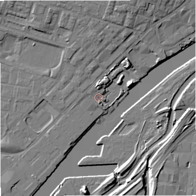 Shaded relief map of the ground around M53PY, computed from Environment Agency LiDAR. The ground here sits at about 24 m above sea level and falls 12 m across the surrounding 800 m. Surface water reaching this point runs off ground lying to the north, 7.9 m higher.