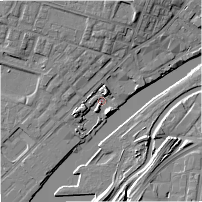 Shaded relief map of the ground around M53QB, computed from Environment Agency LiDAR. The ground here sits at about 23 m above sea level and falls 13 m across the surrounding 800 m. Surface water reaching this point runs off ground lying to the south-east, 7.5 m higher.